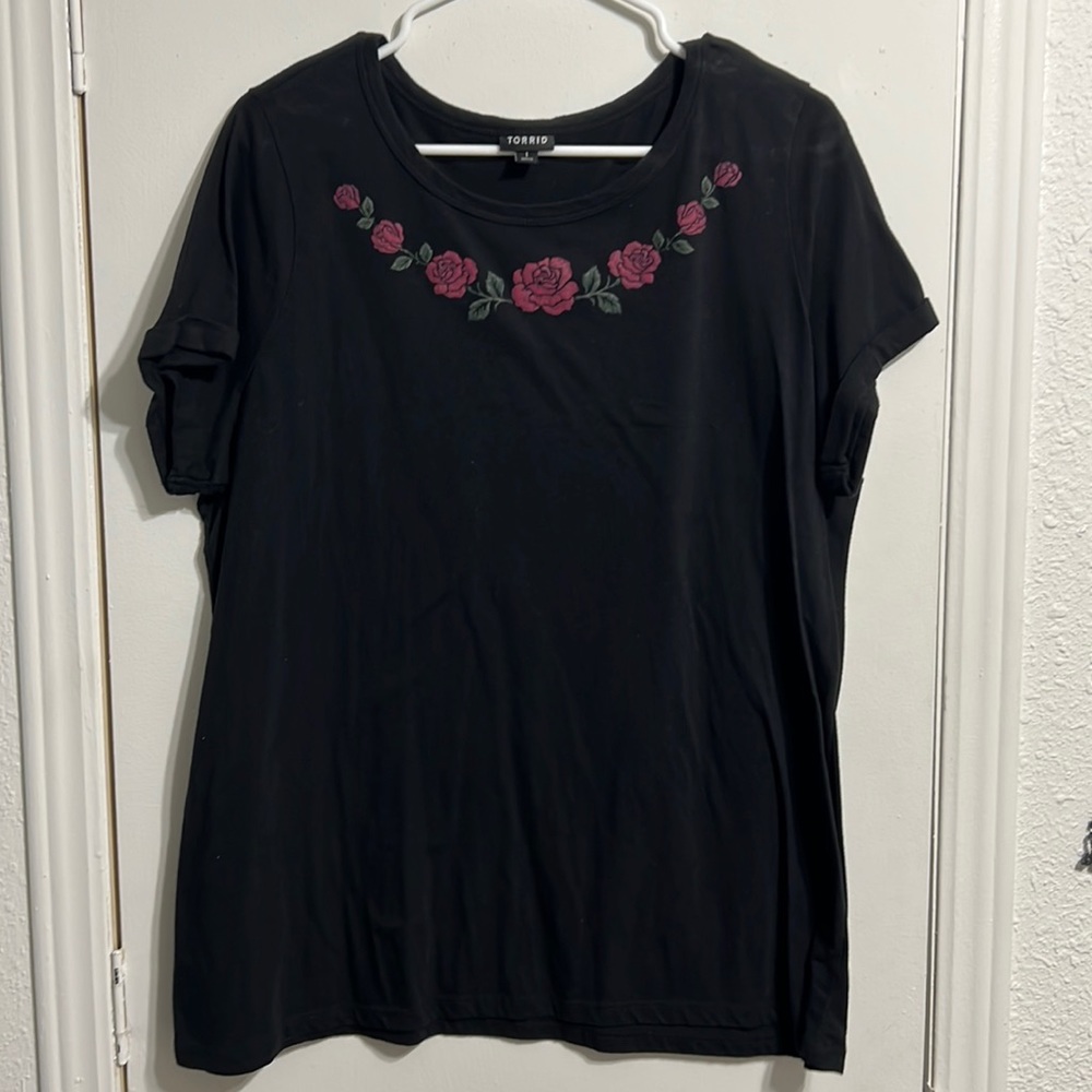 Black Tee with Rose Embroidery